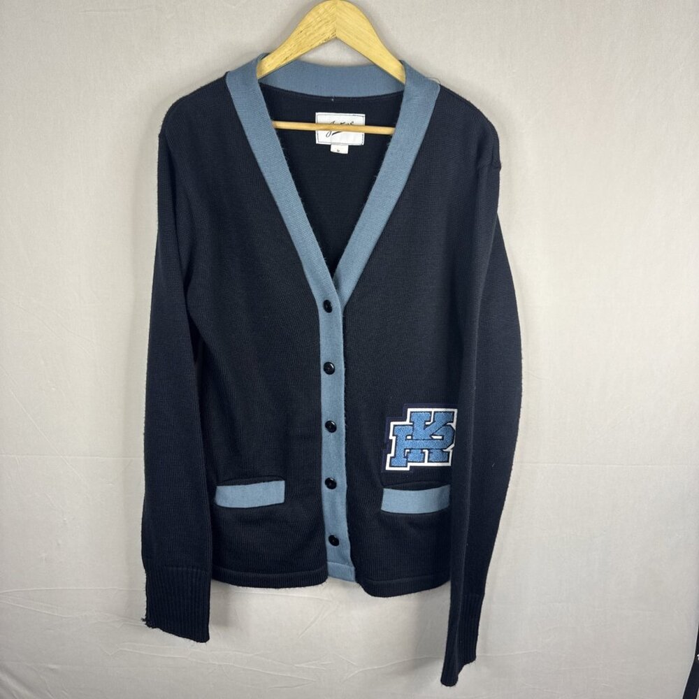 Jostens Varsity Style Knit Cardigan Sweater Navy Blue With Light Blue Men M
